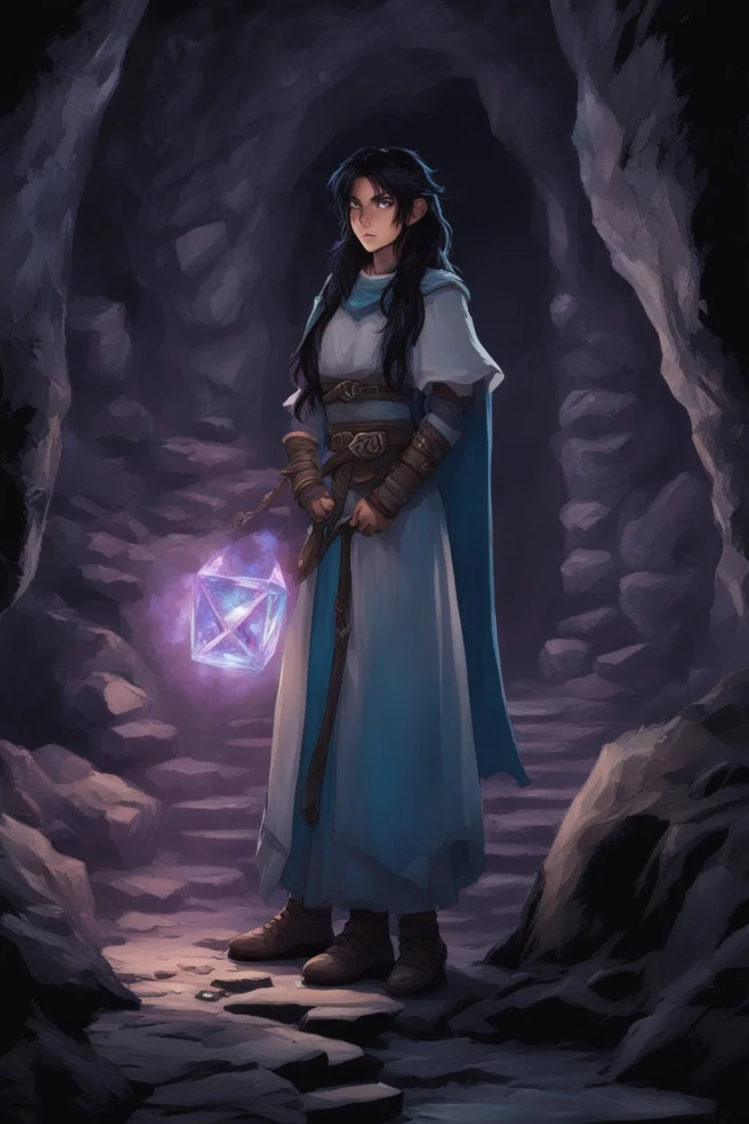 A DnD character in a dark cave. A mysterious half-elf twilight cleric with dark hair and blue eyes.