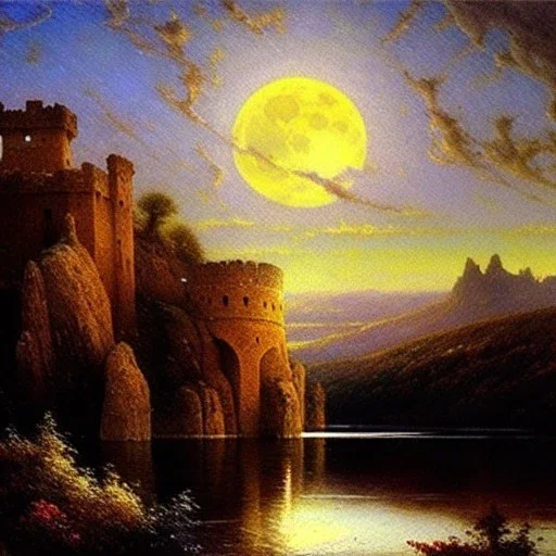 Drawing of 'Medieval Romanian Castle',mountain,lake,full moon, by gaston bussiere, greg rutkowski, yoji shinkawa, yoshitaka amano, tsutomu nihei, donato giancola, tim hildebrandt, oil on canvas, cinematic composition, extreme detail,fit full head inside picture,16k