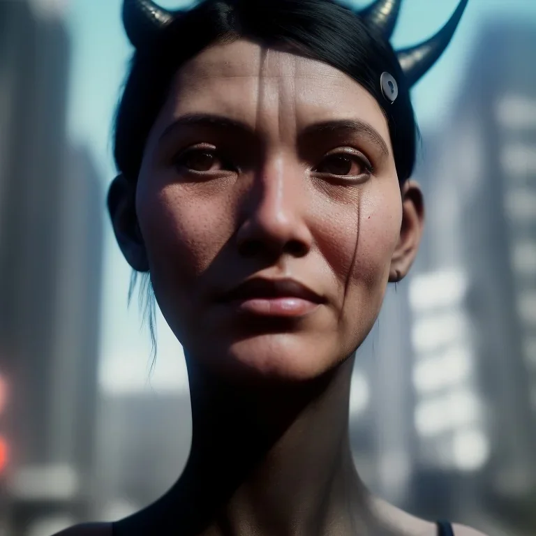 A medium-close-up shot of a black-haired tribal woman with horns standing on a sidewalk in a cyberpunk city. The woman only has one head, but also a gentle smile.