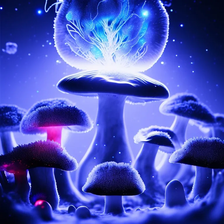 Spherical Frost metal magic armoured lightning glowing Mycelium MUSHROOM stars galaxy SPACE lANDSCAPE BURNING IN BLUE FLAMES hellfire abyss math chaos vivid cell