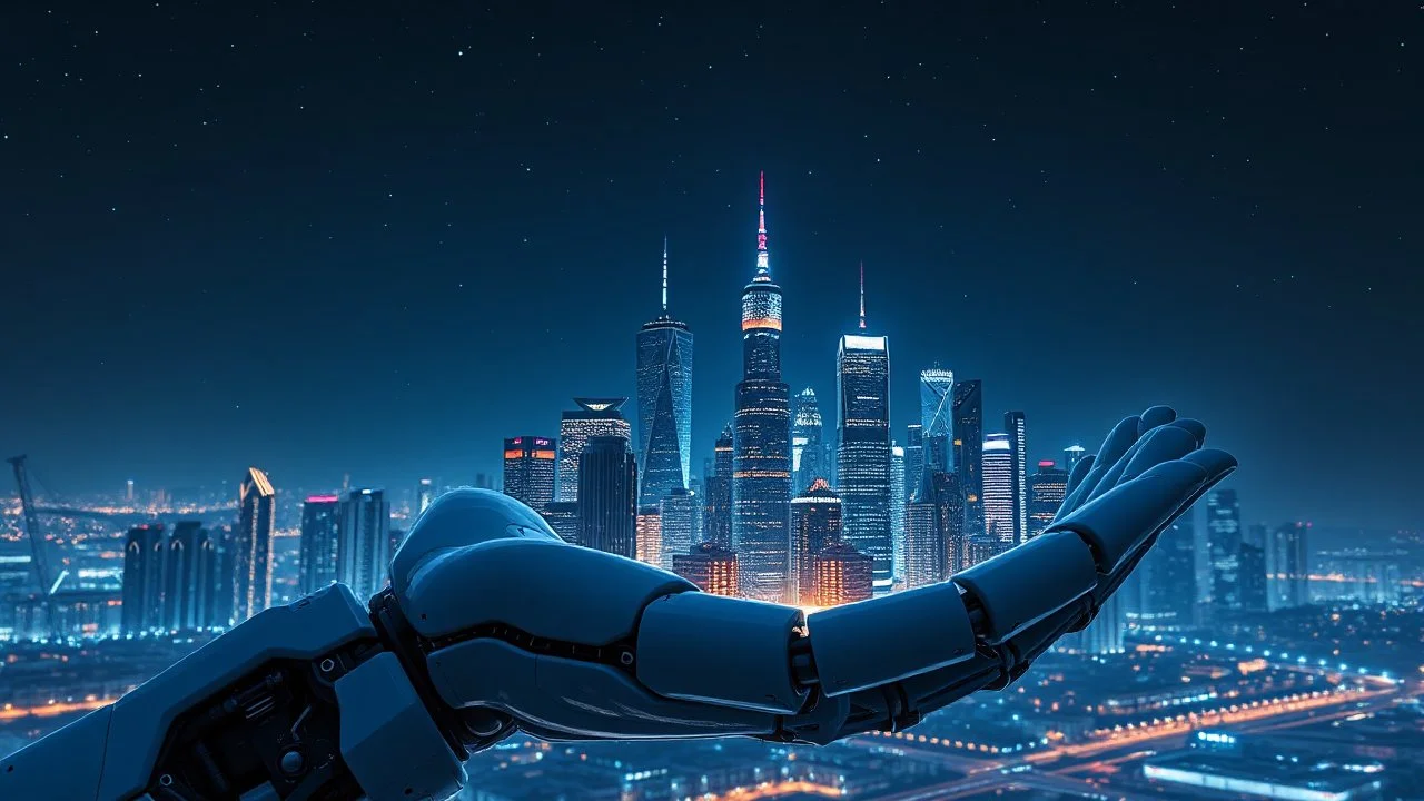 a big modern city build In the open robotic hand ,blue sifi ,stars in dark night sky,