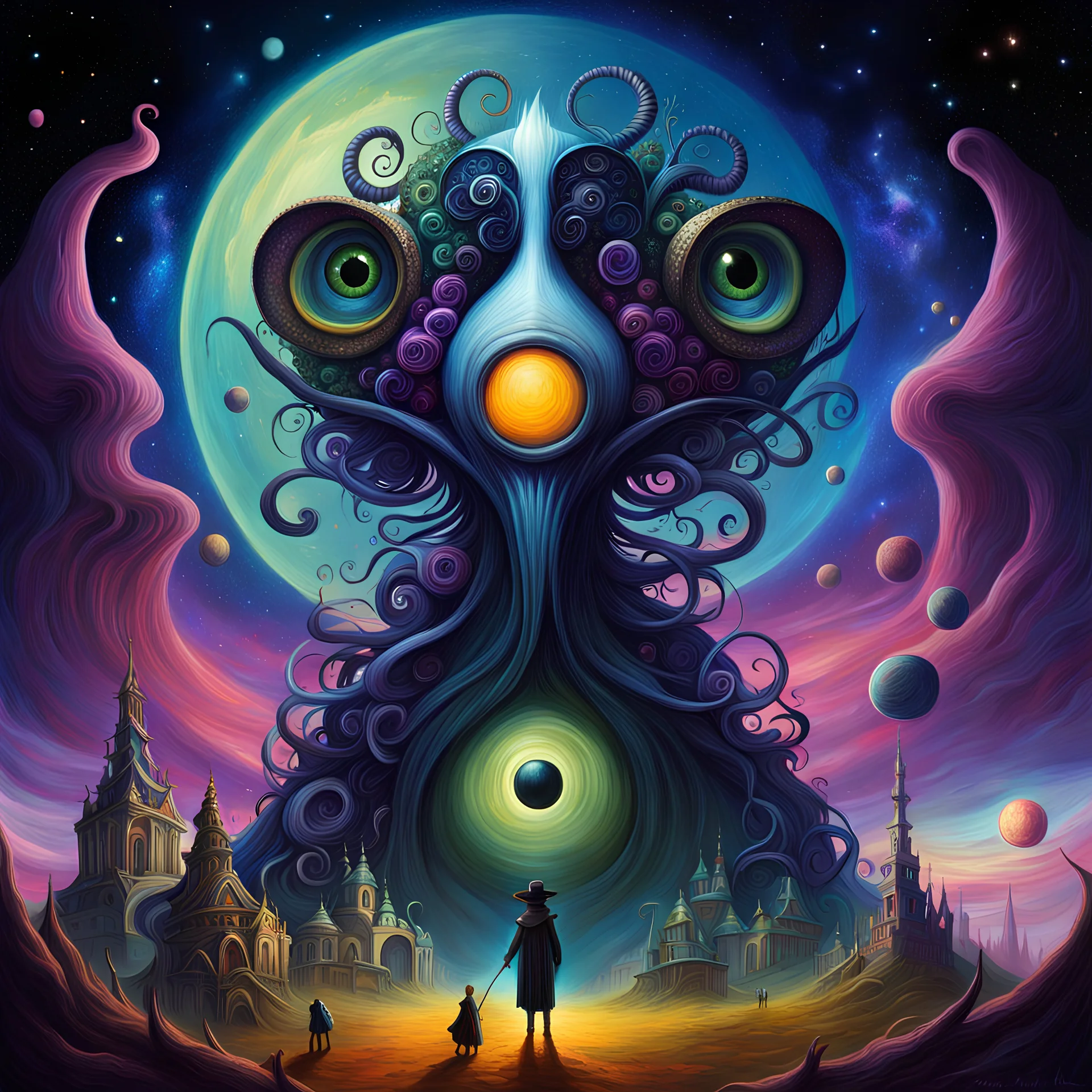 The Decline of Humanity, creature design, Tim Burton, anthropomorphic character, surrealism, renaissance painting, concept art, colorful, cosmic, galactic, eldritch, mysterious, vibrant, whimsical, ethereal, rococo, digital painting, storybook illustration