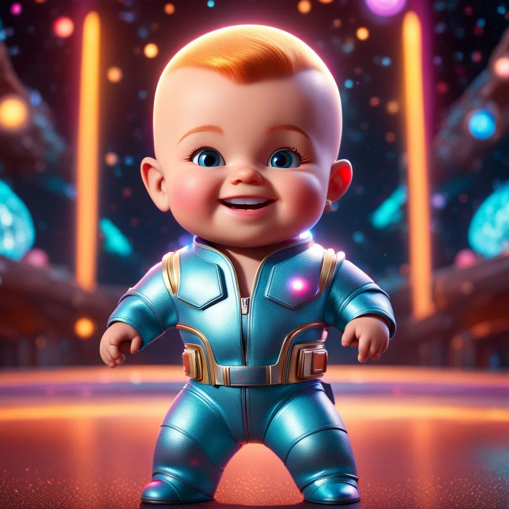 (masterpiece, best quality, 8k, RAW photo, beautiful and aesthetic:1.2), complex detail, Indirect light, photorealistic, (((full body))), Cosmic Boss Baby style smiling, bare head, colorfull Sci-Fi environment