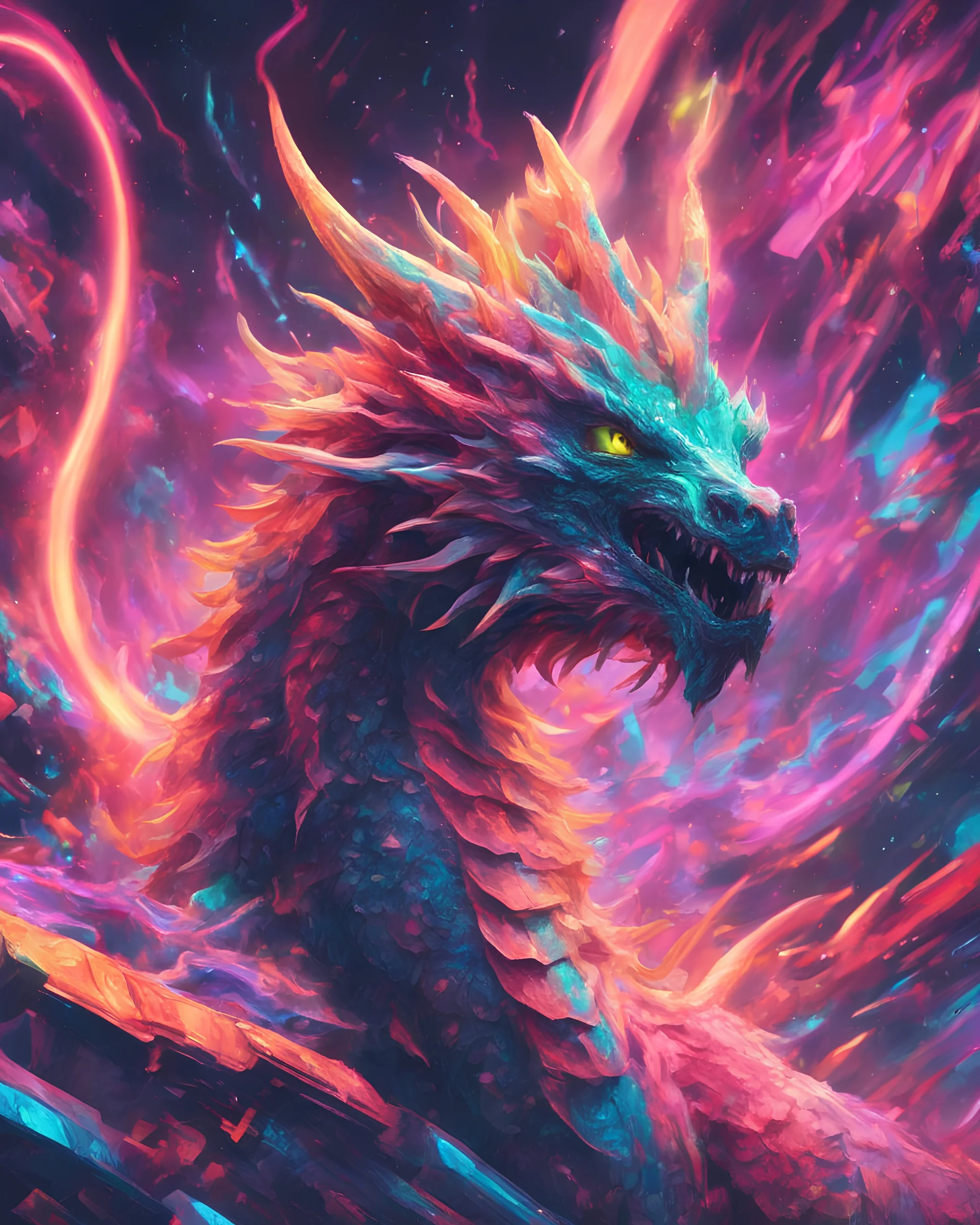 Close up shot, Dragon in a vibrant synthwave dreamscape, neon chaos swirling energetically around pixelated forms, a dynamic fusion of retro gaming nostalgia and futuristic abstraction