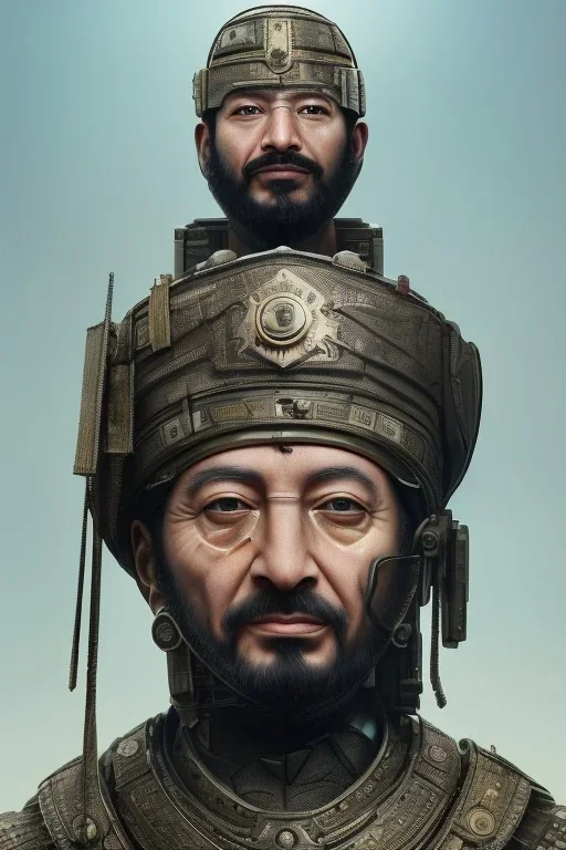 Ottoman Empire sultan head portrait, warrior armor , village, meditation, woods, galaxy sky, 8k quality , portrait,beautiful robotic ,ghost in the shell , post-apocalyptic in a cyberpunk city, realistic, intriacte detail, sci-fi fantasy style, volumetric lighting,24mm , particales,highly detailed,cinematic, deep purple , green eyes .