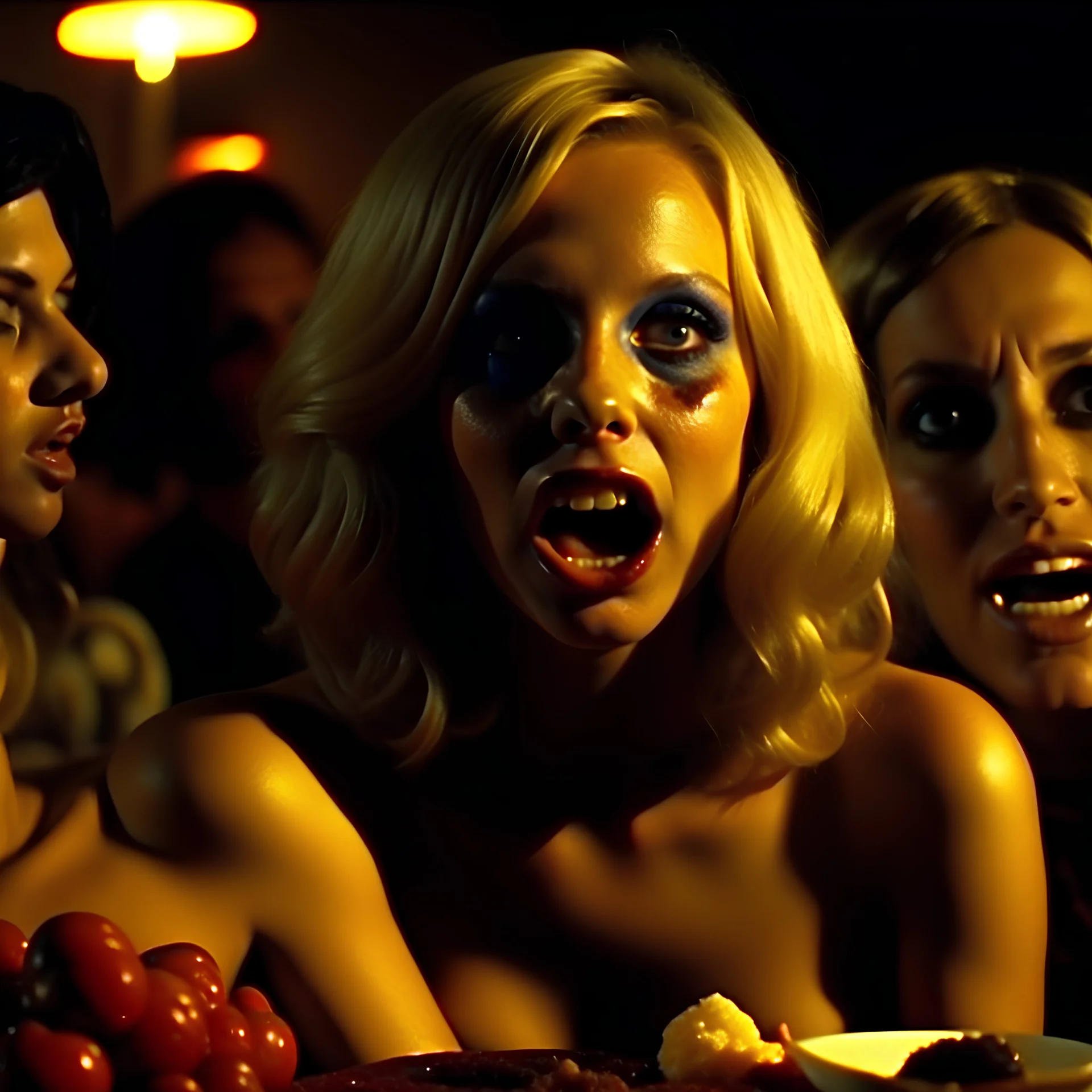 Horror movie shot, hot brast, ultra realistic, dine, horns, ultra chaos, realistic hot blonde women, party, pieces of meat, organs, hot dynamic, very excited people, hypermaximalist figures, light, 1970's Italian horror movie, sinister,, Dario Argento, Stanley Kubrik, ornate, 4k, photorealism