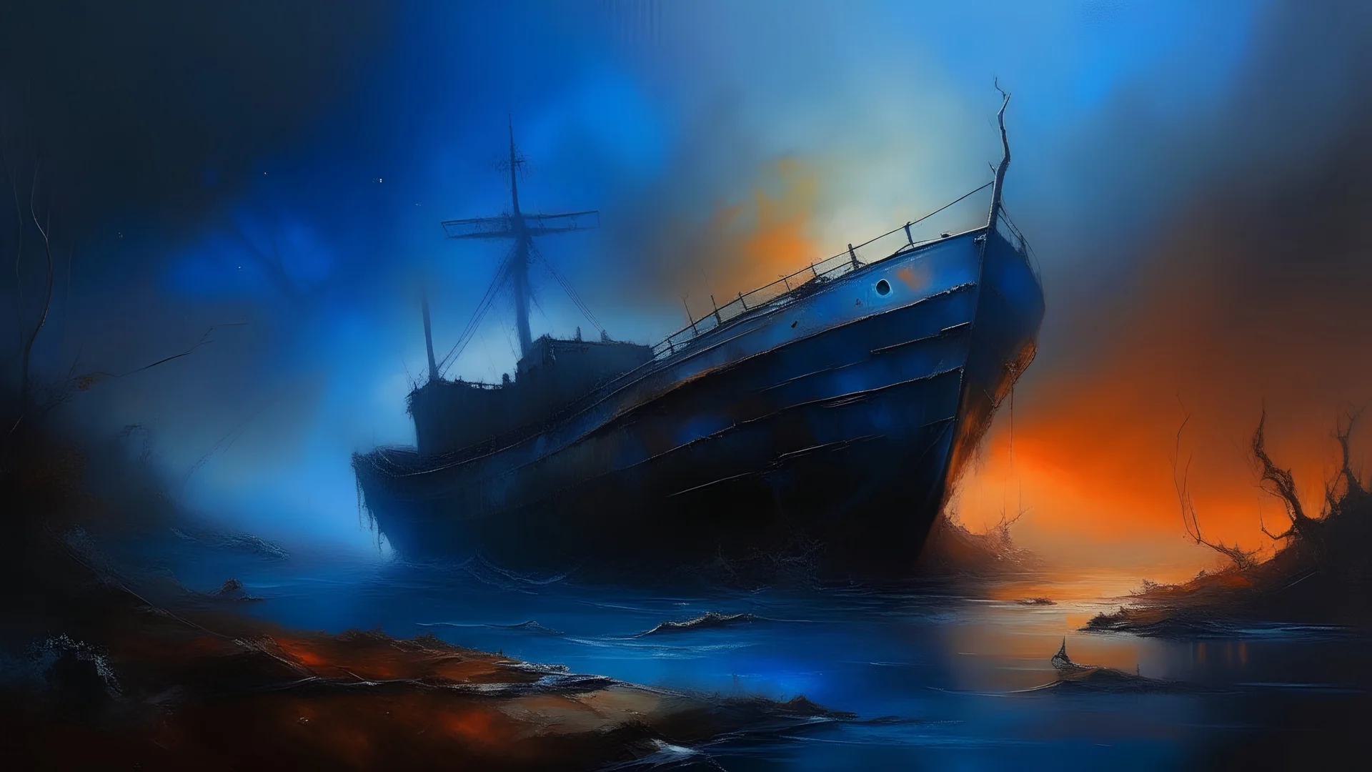 dark and mysterious, A hauntingly beautiful oil painting of a dystopian parasitic vessel with rust-colored tendrils engulfing a barren landscape, surrounded by swirling fog during sunset., cold blue neon color scheme, dark shadows and fog, blurred, neo-expressionism