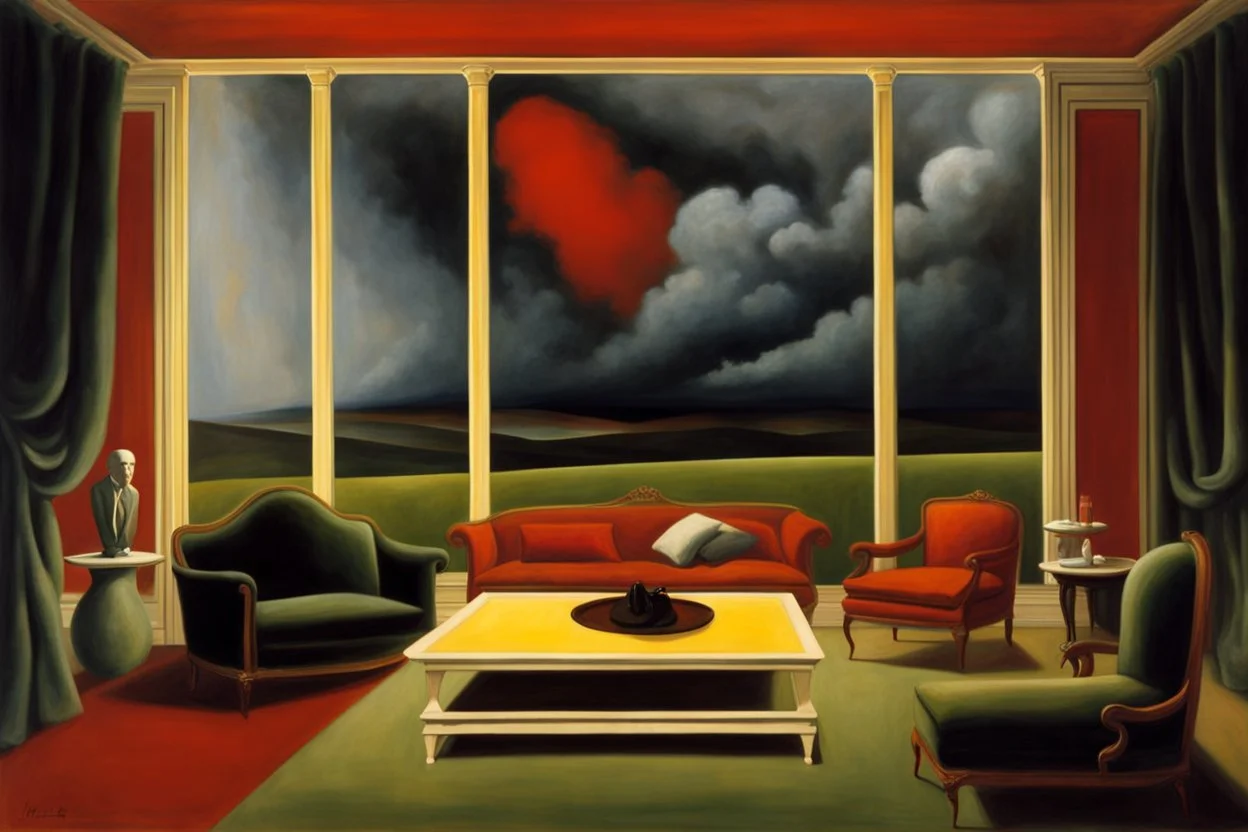 a surreal landscape with dramatic storm clouds by artist "Mark Rothko",by artist "Leonora Carrington",by artist "David Inshaw"