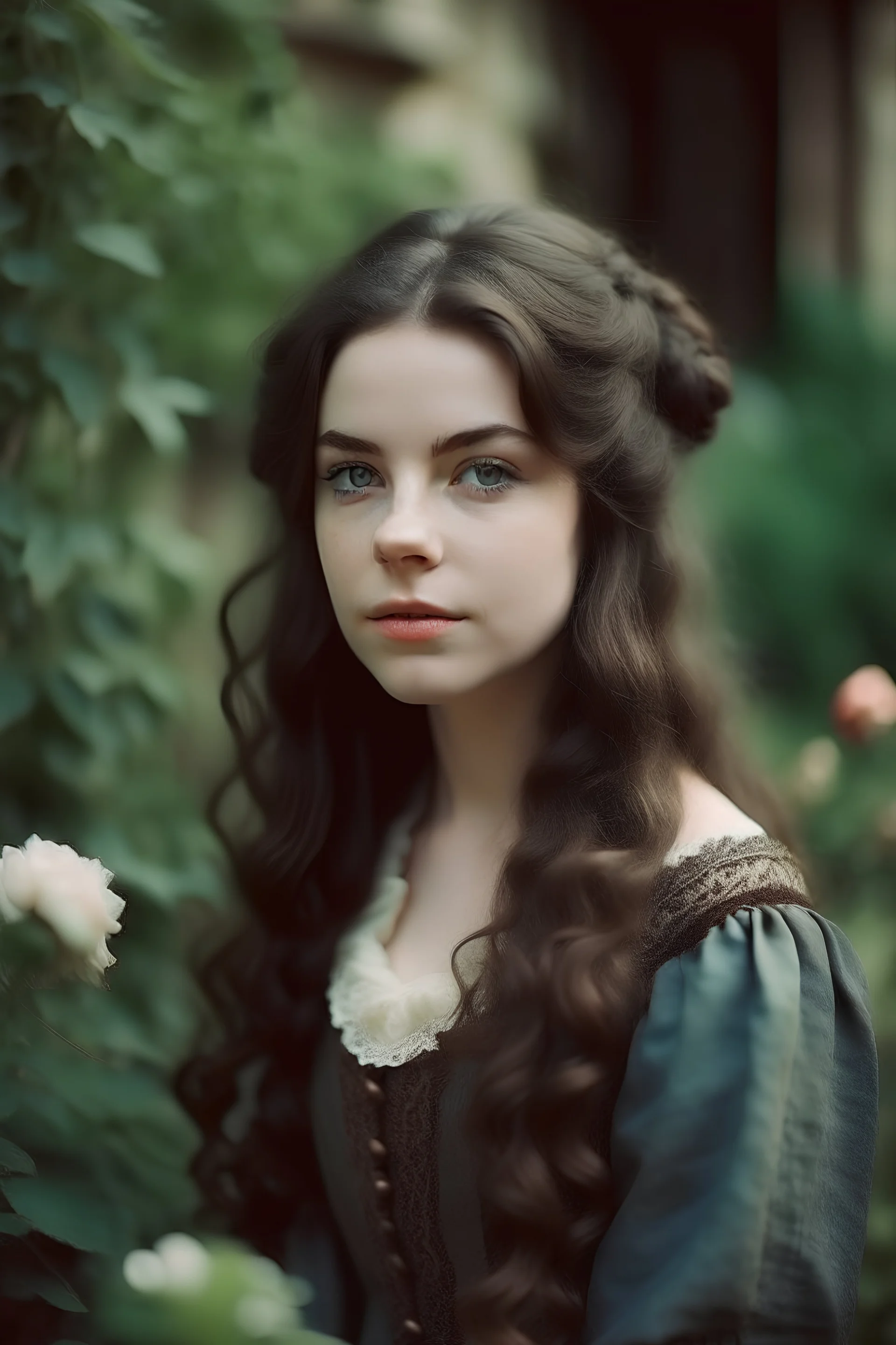 Beautiful Girl in the garden, 18 century, brunette, literally dark hair