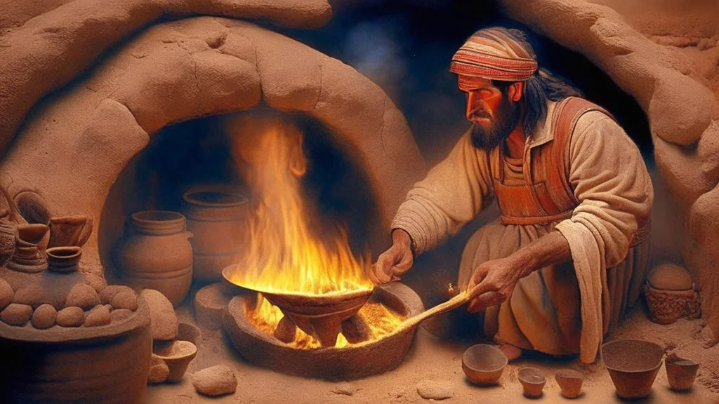 Mesopotamia with man making ceramic in a oven with fire