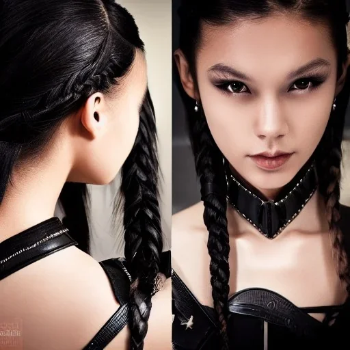 beautiful young asian queen with black leather studded armor, delicate black braided hair with ponytail, glass eyes, highly detailed, 8k, ambient light, taylor swift