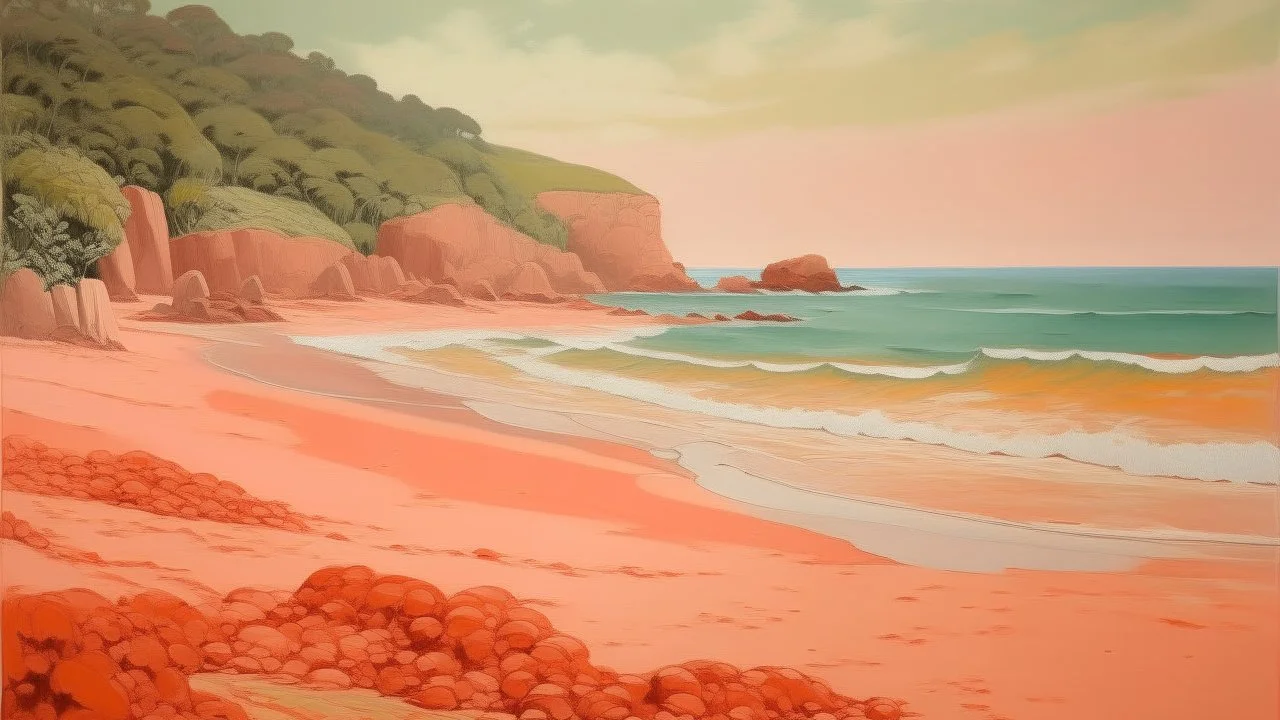 A light rosy orange colored beach near a cove painted by Qiu Ying