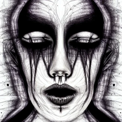 Silver on black paper portrait of female face of migraine, face distorted with pain, reverse colors, screaming, tears streaming from eyes, colorless, glitchcore, dystopian, horror, ultra realist texture, intricate line drawing,