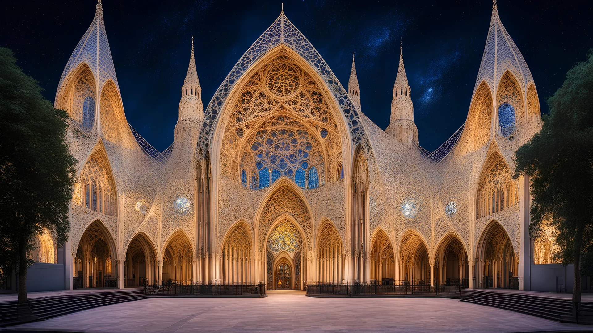 futuristic fantastic symmetrical cathedral external view in peaceful parkland, year 2160, night, starlight, beautiful, colorful, totally symmetrical design, style Antoni Gaudí, style Shigeru Ban, innovative architecture, award-winning photograph, awesome, serene, inspiring, spiritual, impressive, Cinematic lighting, Epic composition, Photorealism, Very high detail, Unreal Engine, Octane render, HDR