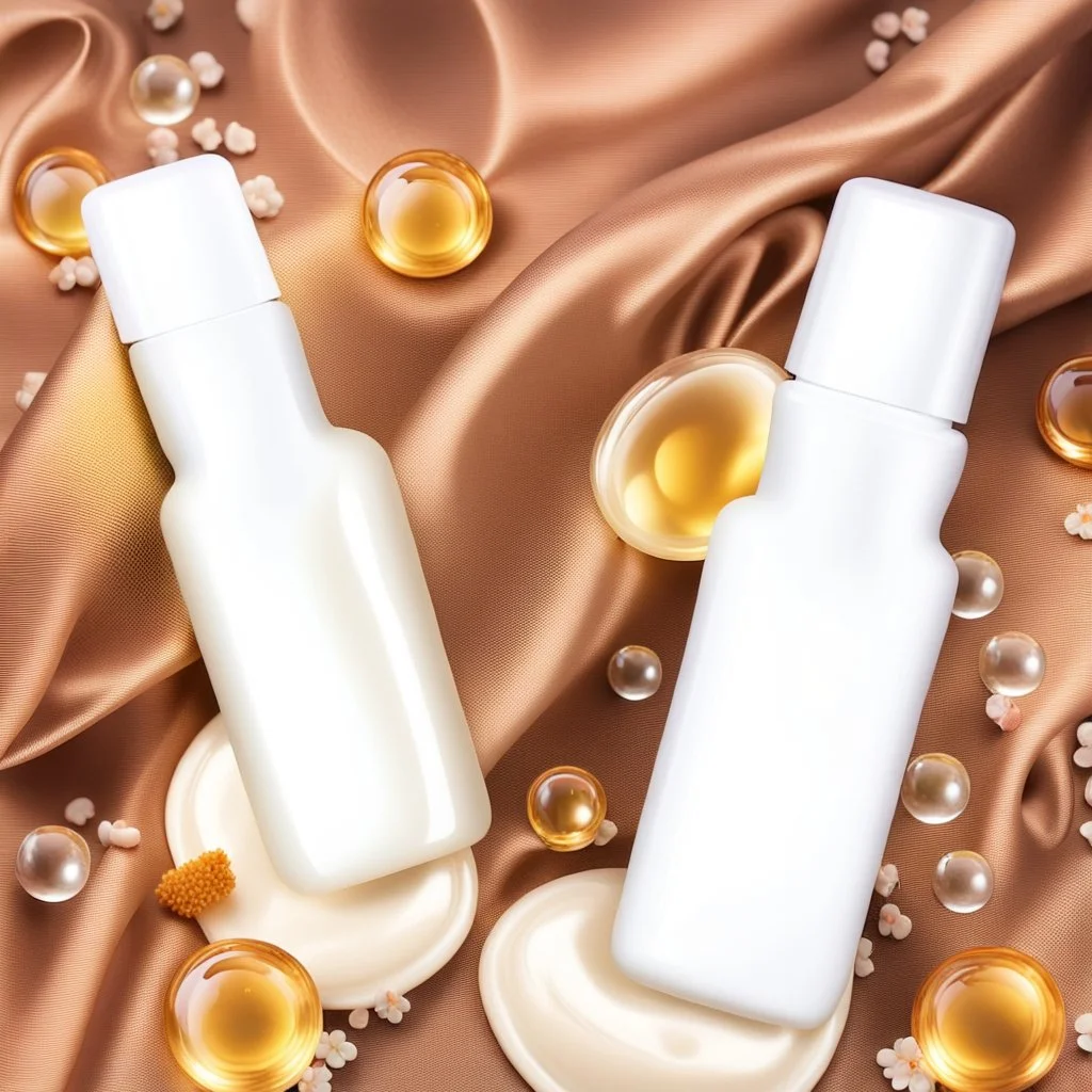 two cosmetics bottles are on a silk fabric, behind a beautiful floral spring floral background, the picture is top view, in the background there are beautiful soap bubbles, molecules and honeycombs, high-quality picture, top view