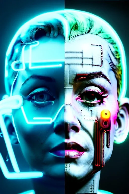 Ultra Realistic image, portrait, blonde woman, Marylin Monroe face, perfect iris, glow eyes, glow makeup. Cyborg, Cyberpunk, ex machina style, wires connected, oversized transparent latex coat, yakuza tattoos body. fog, rain, soft color, highly detailed, unreal engine 5, ray tracing, RTX, lumen lighting, ultra detail, volumetric lighting, 3d, finely drawn, high definition, high resolution.