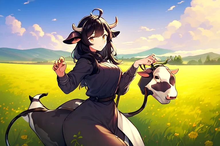 Girl, cow tail, cow horns, cow ears,field, dark hair, hooves on hand, cow hand