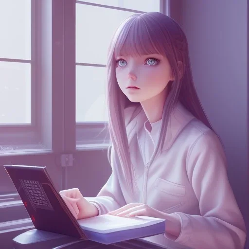 Anime, female student studying under window, studying lesson, perfect face, cool face, ultra detail, unreal engine 5, cinema4d, sun light, studio lighting --ar 1:1 --v 4