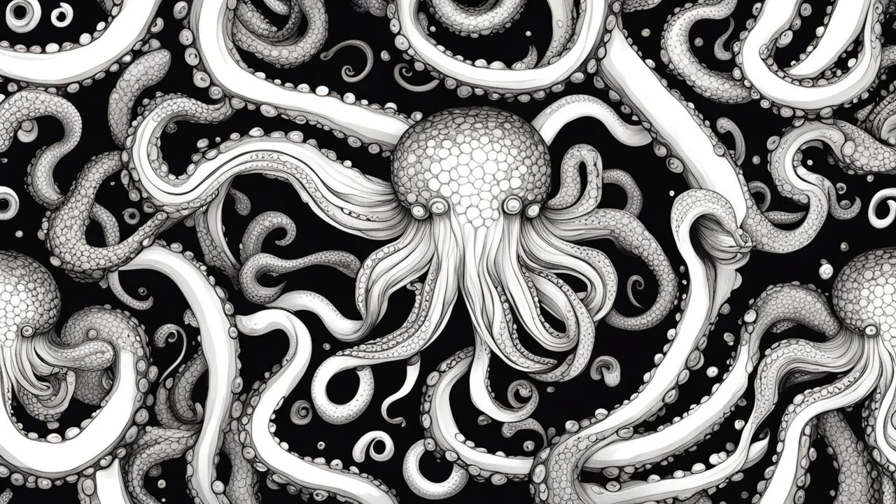 Black White Octopus Tentacles Round Pattern