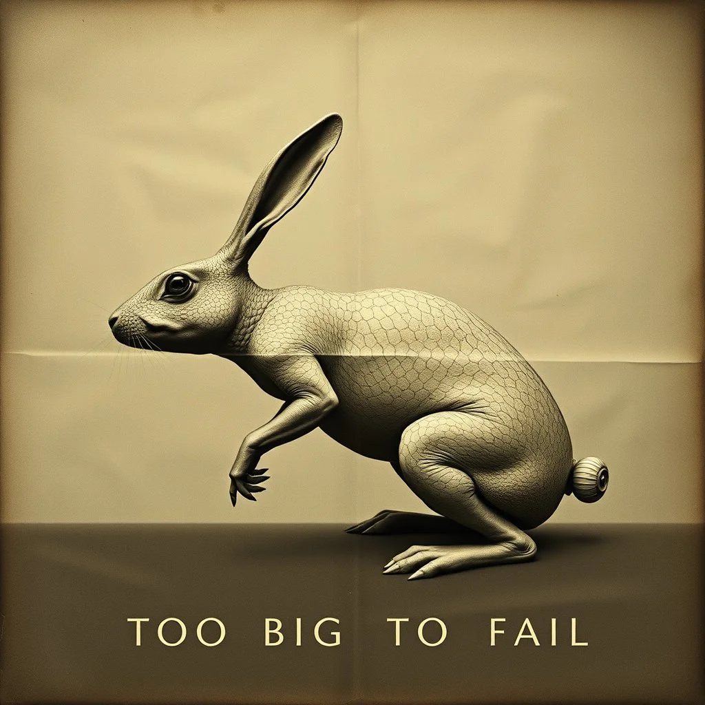 grainy photograph with creases and aging effects, minimalism, long anthropomorphic amphibious rabbit hybrid with an evolutionary addition of a biomechanical stomach drain, by Zdzislaw Beksinski and Salvadore Dali, surreal, Text "TOO BIG TO FAIL" in faint font, symbolic, unsettling,