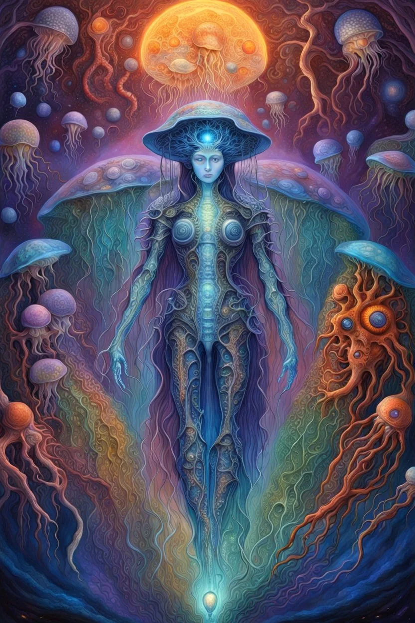 beautiful .bones. A jellyfish Cosmic robot developed .Fantasy, perfect anatomy, Coral trees, alien fruits ..fantasy, vibrant digital art professional award winning masterpiece, oil on canvas Atmospheric extremely detailed Josephine Wall