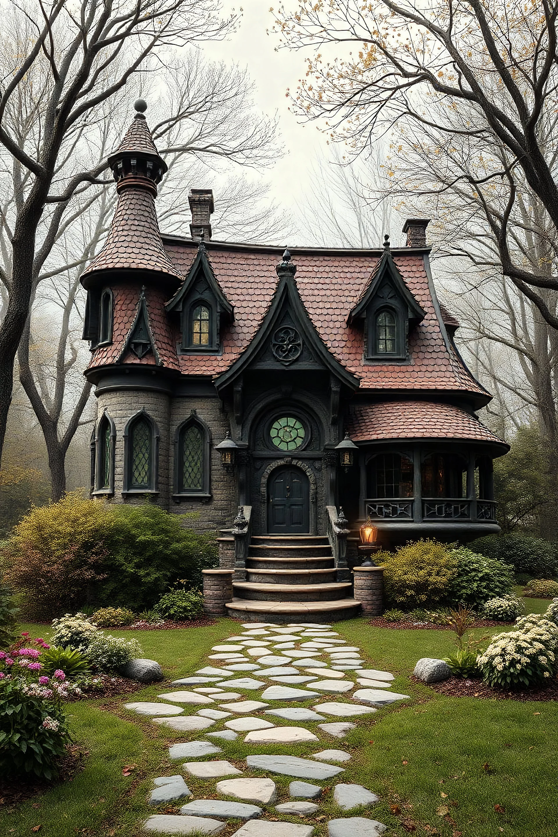 Can you create an image of a house without background. The house needs the have a magical sphere and I would like it to be kind of not logical, a lot of doors and rooms, make it fairy magic not dark magic