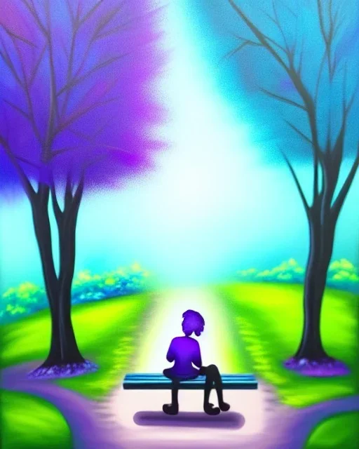 park mystical dream, park bench, man, woman, child, dog, pretty blue and purple trees, blue path, bird, jogger, sunshine, mystical, fantasy, romanticism, award-winning, beautiful colors, daylight, daytime, acrylic painting, detailed,