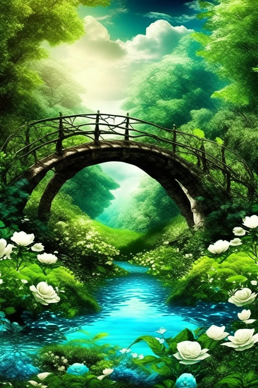 fabulous big magical beautiful Bridge among relict trees, tropical forest in some places covered with ivy, beautiful white roses, around blue beautiful river fantasy, photo