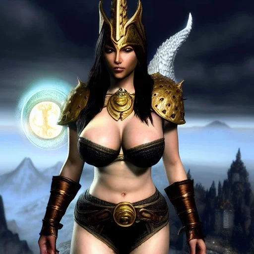 ultra detailed fullbody Portrait in oil on canvas of a beautiful busty woman with Skyrim Dragon priest mask and armor,extremely detailed digital painting, extremely detailed face,crystal clear Big eyes, mystical colors ,perfectly centered image, perfect composition,rim light, beautiful lighting, 8k, stunning scene,extremely sharp detail, finely tuned detail, ultra high definition raytracing, in the style of robert e howard and pablo oliveira and Ken Kelley and Ohrai Noriyoshi and Simon Bisley