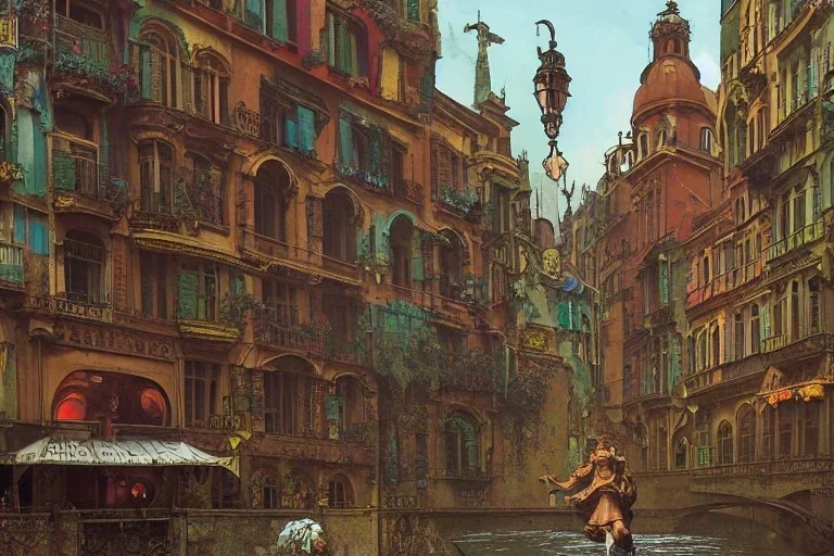 Statue in a niche+Colourful city+old lamp+Bar and garden on High Bridges across Skyscraper river+canals+Gothic village+European Metropolis on sea+naples alley+Torino square+trieste canals+victorian London+decòpunk Skyscraper+ +steampunk+biopunk+alphonse mucha, greg rutkowski, matte painting, cryengine, hyper detailed, felix kelly, fantasy art, seb mckinnon