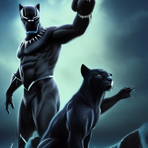 Fantasy, olamide as black panther, heroic, award winning, insanely detailed, sunlit, realistic, ocean,acrylic paint, 8k resolution, hdr, trident