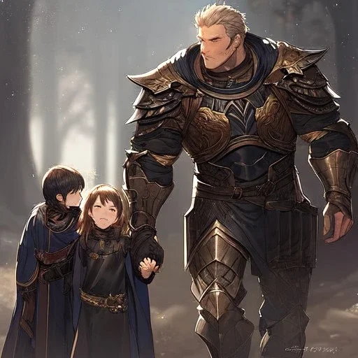 Boy wearing leather armor with family