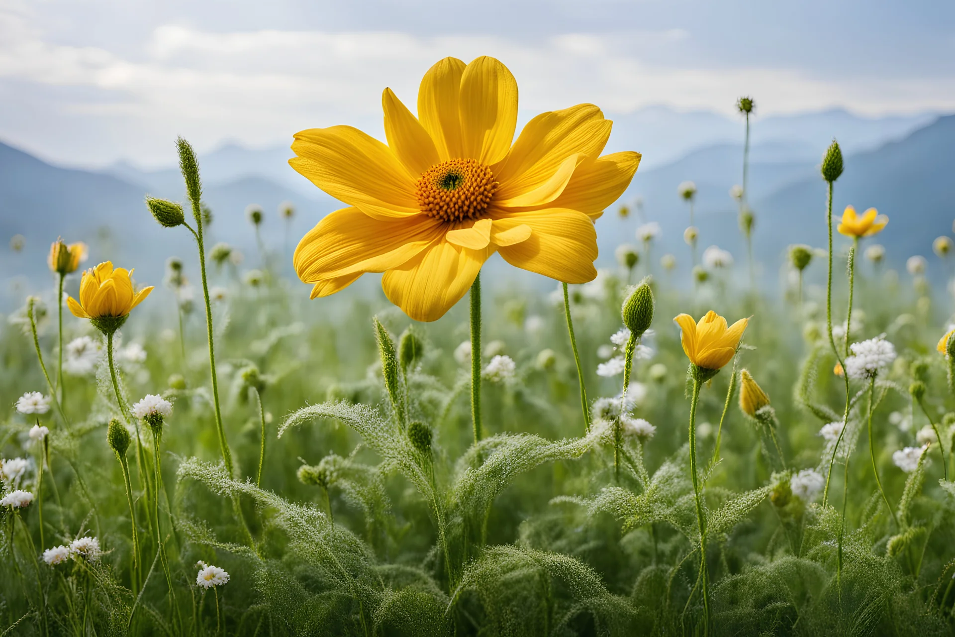 A lifelike rich woolen flower blooms amidst a serene meadow, its intricately woven petals and stem radiating realism and rich detail.