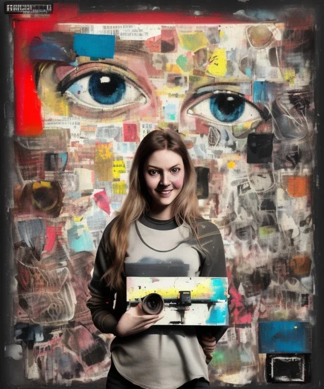 happy beautiful girl holding big proffesional camera in studio. street art, oil on canvas, spray paint, collage, letters, newspapeers, Dave McKean, Vladimir Fedotko, Saturno Butto, Vaughn Bodé, Frank Wu, James C. Christensen, collage, dirty, paint dripping, radiant