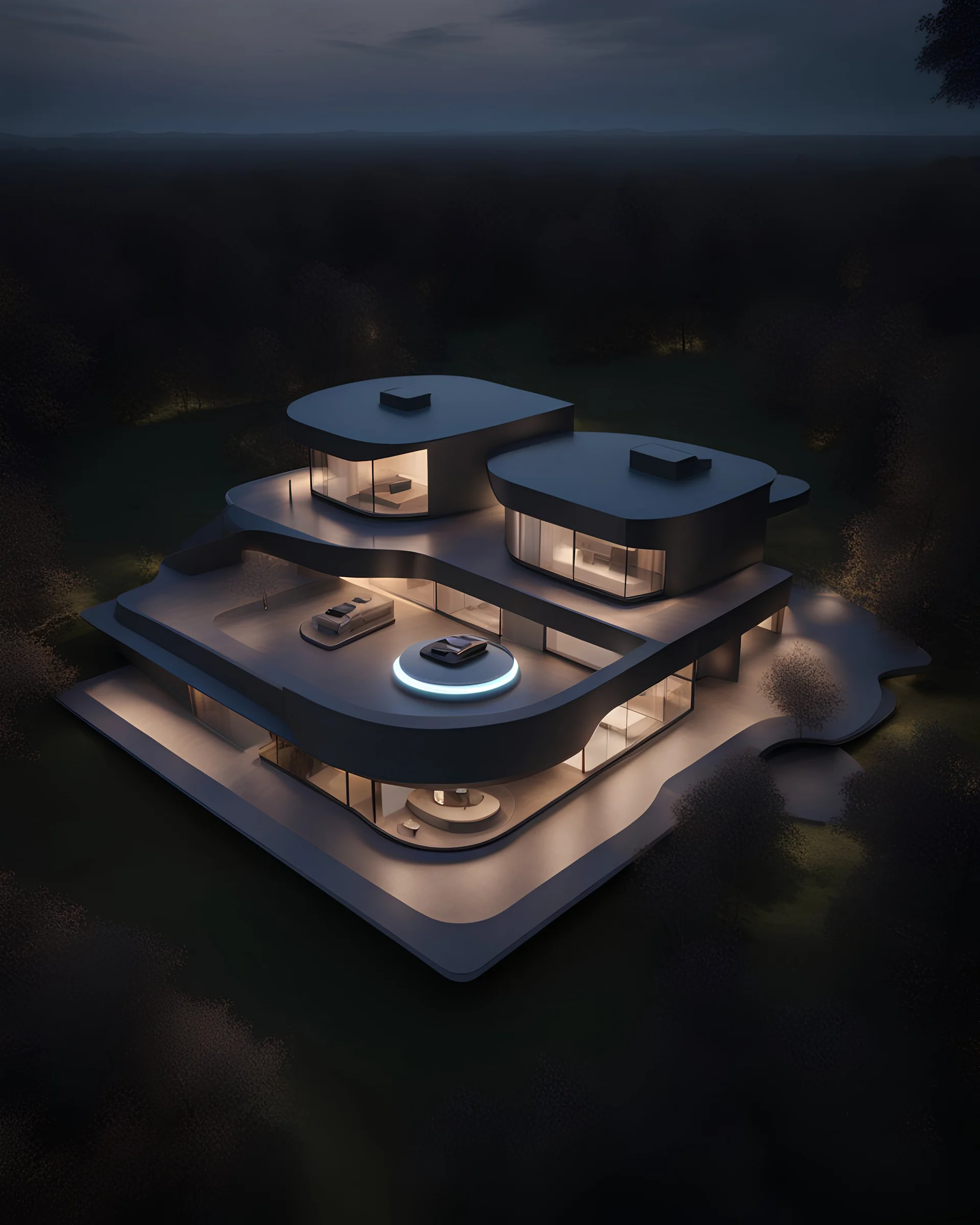 Zaha Hadid style country house, aerial view, unreal engine 5, concept art, art station, god lights, ray tracing, RTX, lumen lighting, ultra detail, volumetric lighting, 3d