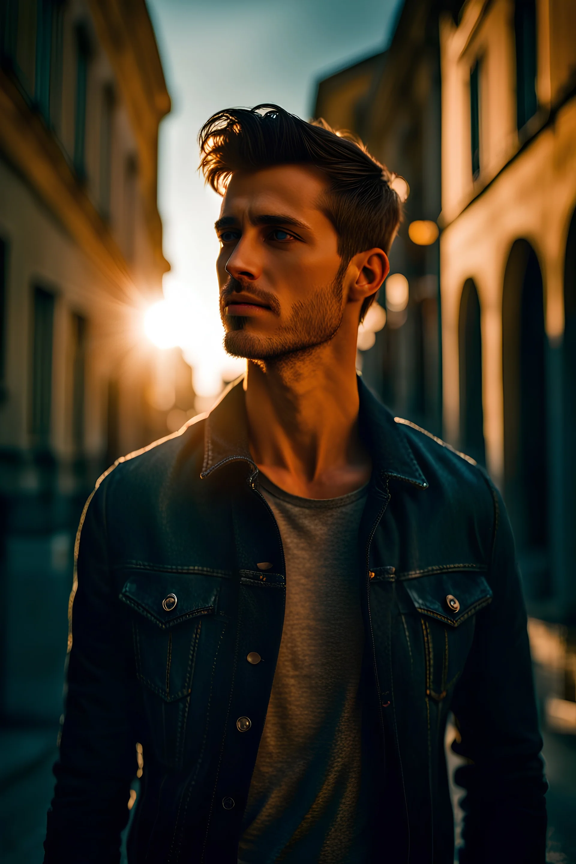 Beautiful man, beautiful face, short hair, that is standing on a sidewalk, wearing jeans, trending on unsplash, viennese actionism, anamorphic lens flare, dynamic pose, shallow depth of field, dreamlike, nature-inspired, romantic, whimsical, fantasy art,