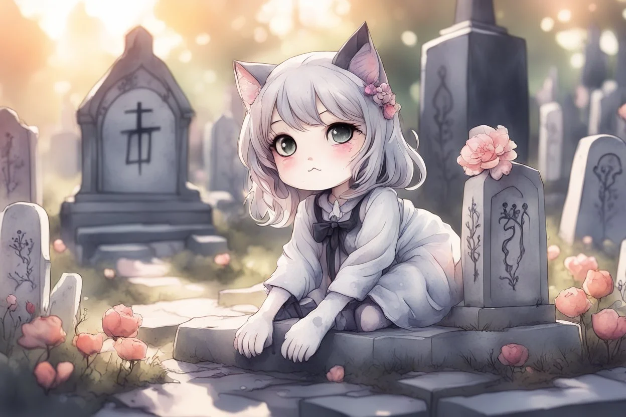 cute chibi anime cat girl in the graveyard, sadly sitting next to a grave, flowers in her hand in sunshine, melting watercolor and black ink outlines on wet paper, shading colors, soft strokes, ethereal, otherwordly, cinematic postprocessing, bokeh, dof