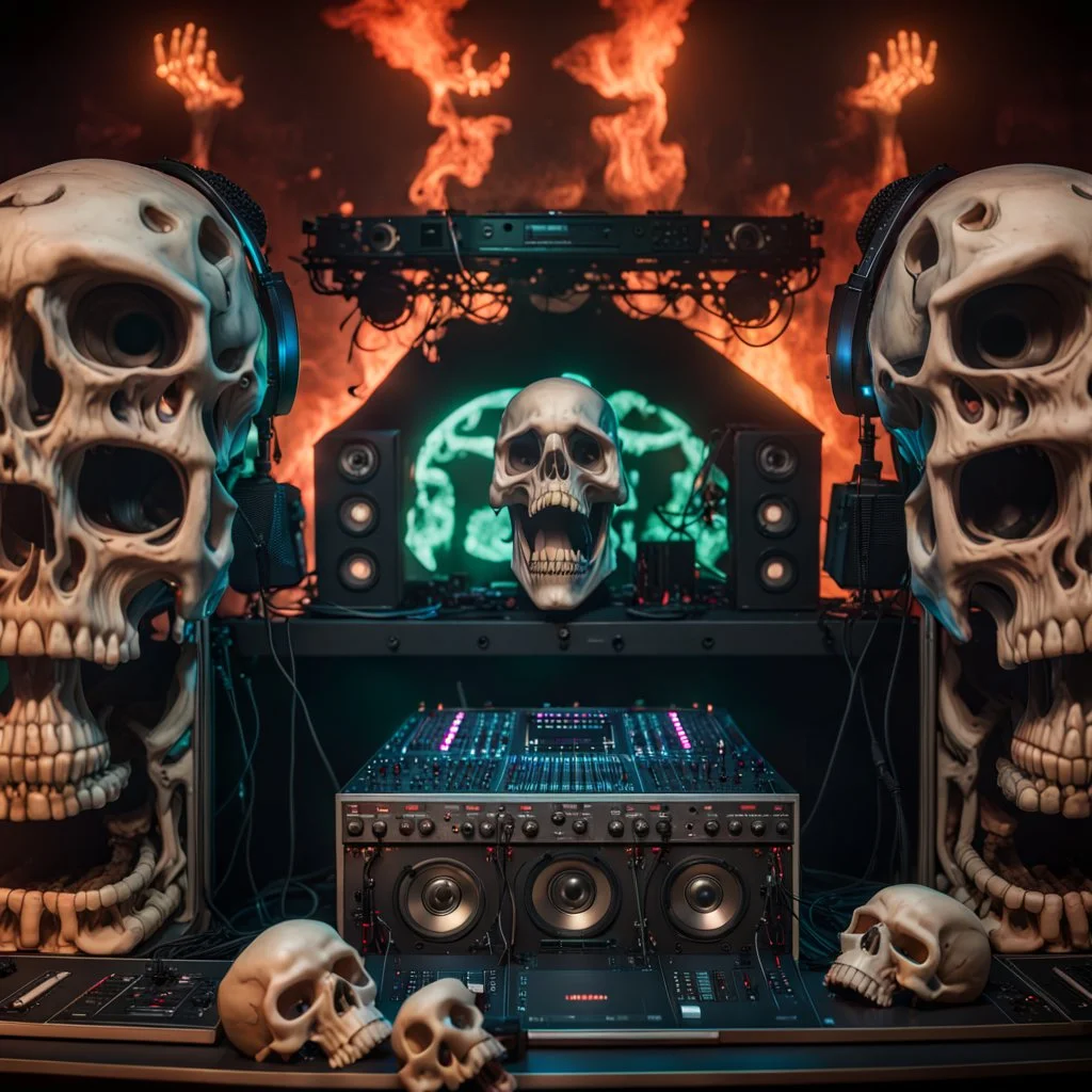 DJ of the damnded, insanely detailed DJ booth in hell, MID set, speakers and equipment made of bone, anatomically correct, add more skulls in th audience, photorealism, vray, 8k 3d, woofers in all empty eye sockets of stage equipment, wide angle, telephoto, from audience, all multicolored skulls,