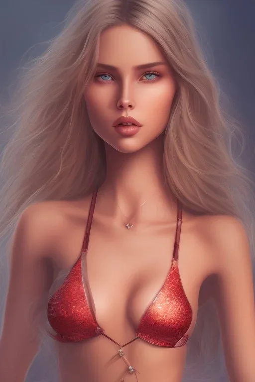 Scarlett Leithold on bikini with long blonde hair ultra detailed face art cinematic tick blue and red sky