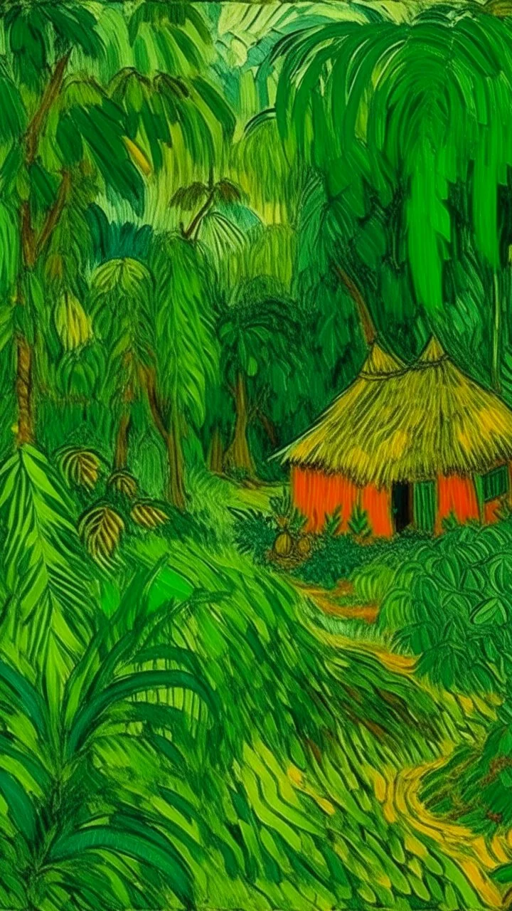 A green jungle with tribal huts painted by Vincent van Gogh