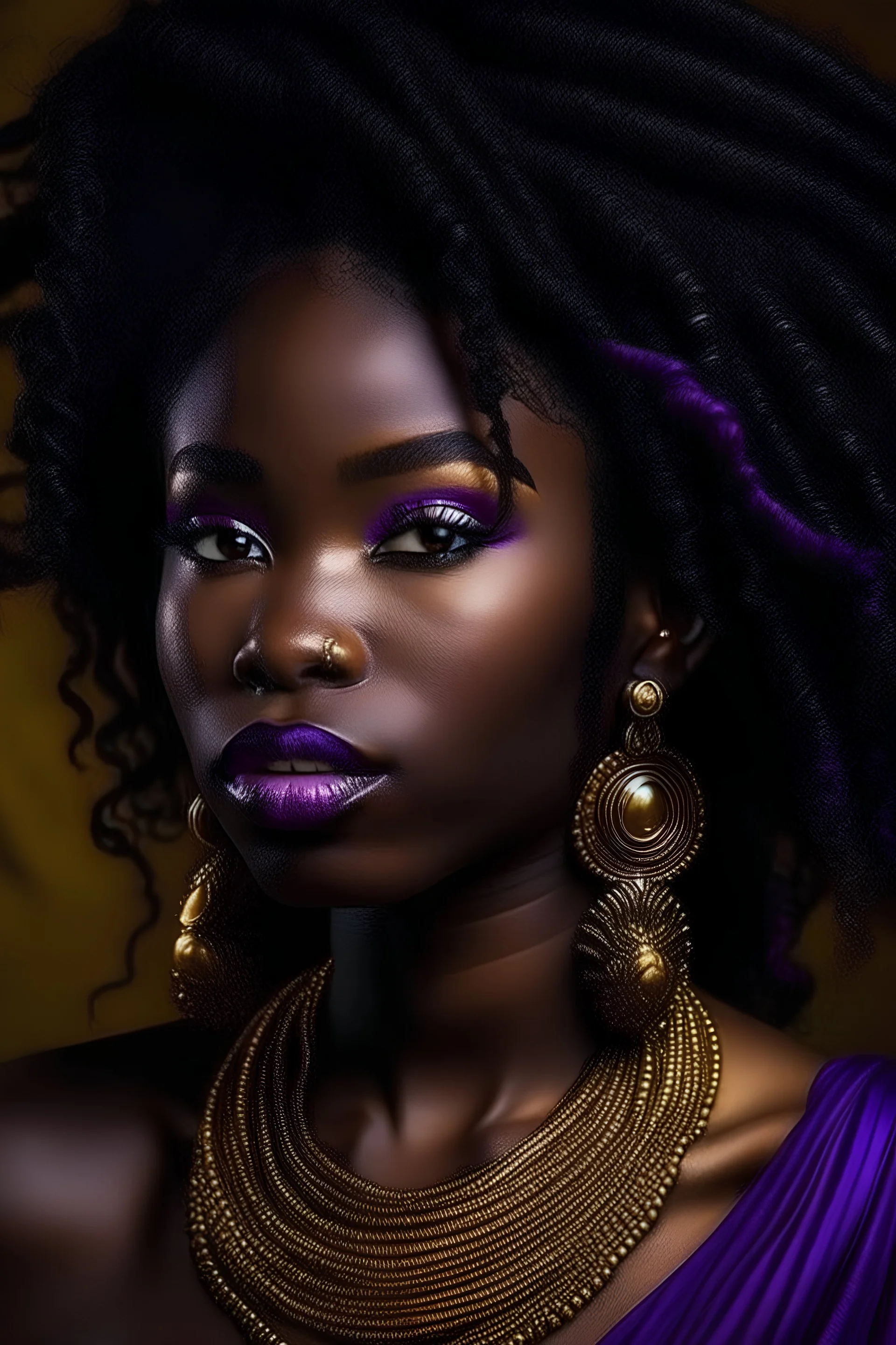 Female, dark skin, purple goddess locks, golden earrings