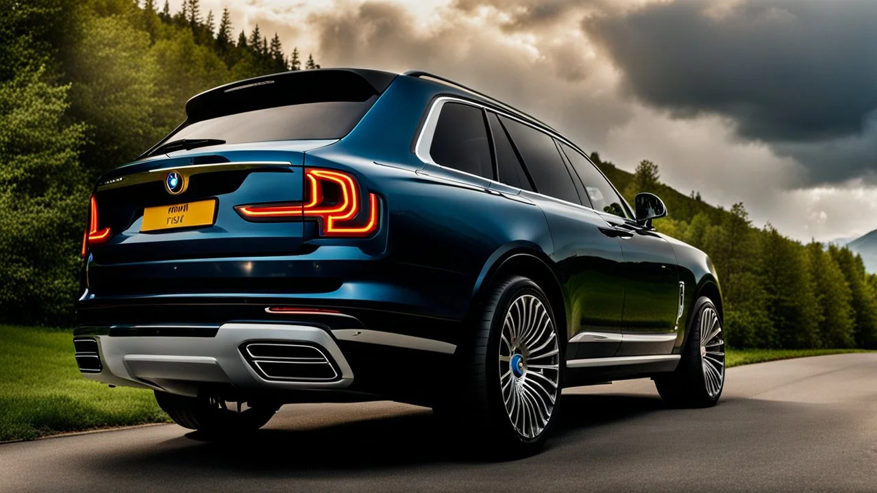 A sleek rear view of (((a cross of bmw and rollsroyce cullinan))), on street, with hill and trees around, a beautiful clouds and sunny weather, 4K, Superdetailed, No mistakes
