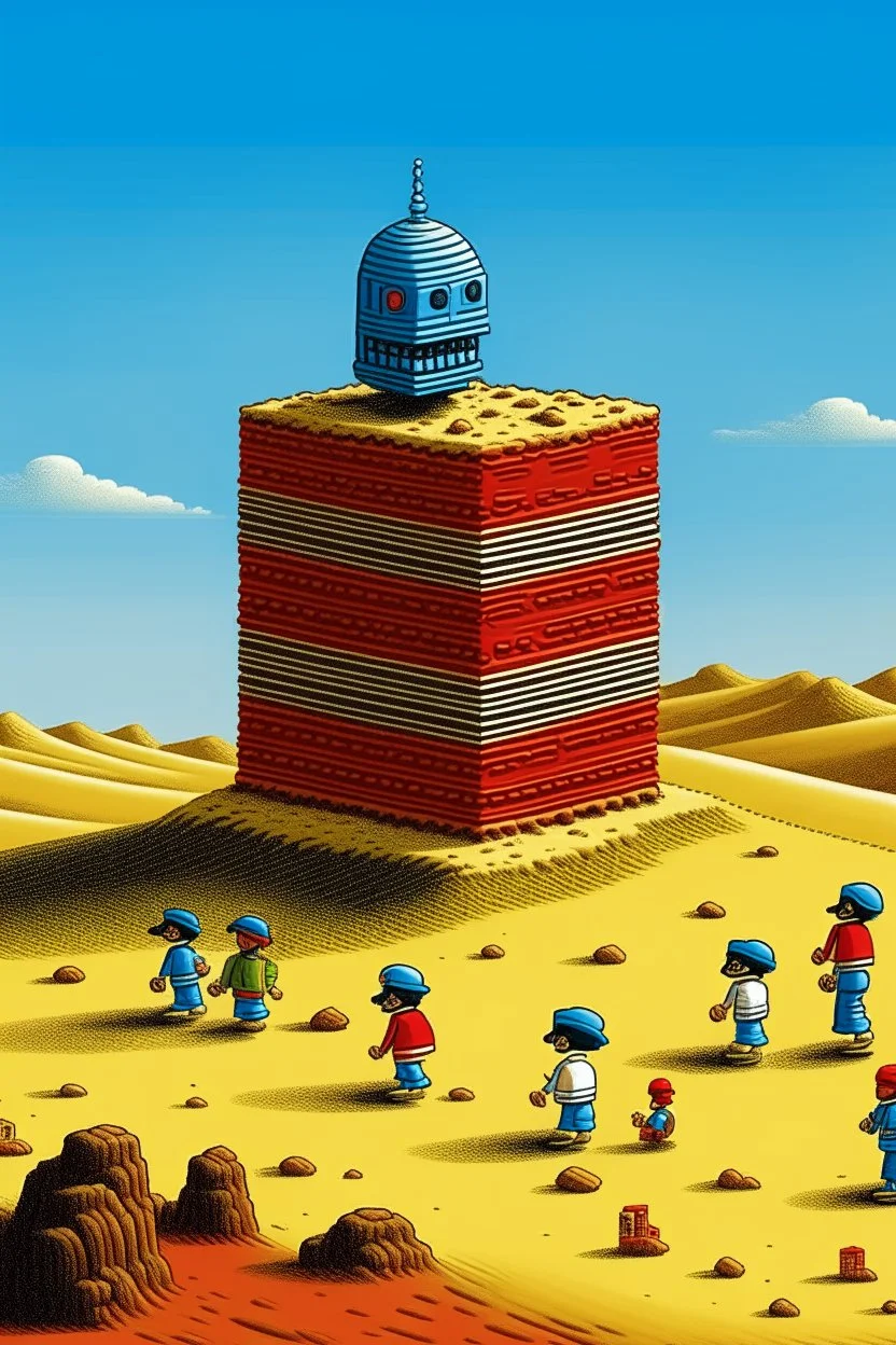 giant matchbox with pepe on the top smoking in the desert with small people around n the style of Hiroshi Nagai