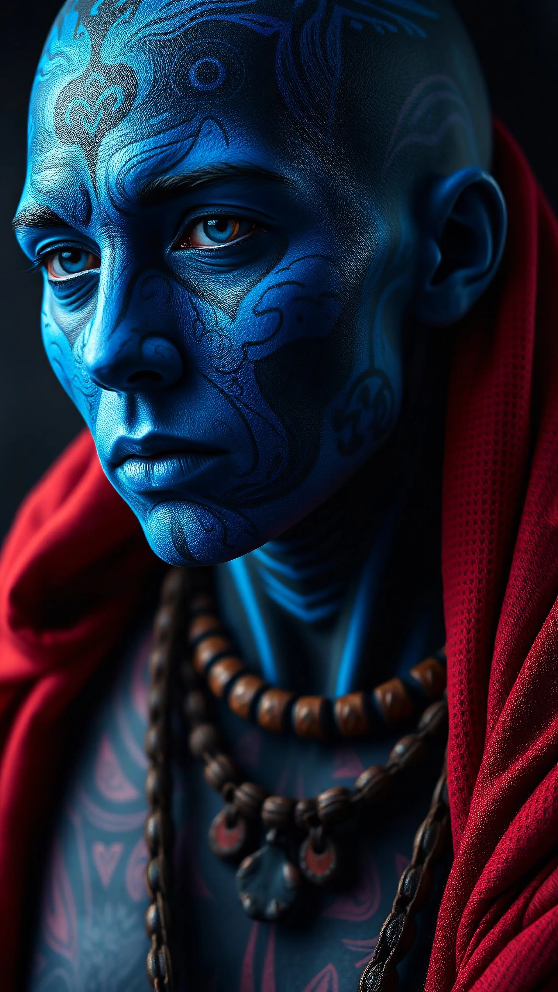 Despite the possibility that they were not blotched entirely blue, the remains of the Pict people indicate that they were probably using tattoos or other body paintings to convey specific messages of identity as well and represented their cultures strongly,ultra realistic, 8k quality resolution, dark fantasy, vibrant, hyperrealism, vibrant, portrait photography, Leonardo phoenix