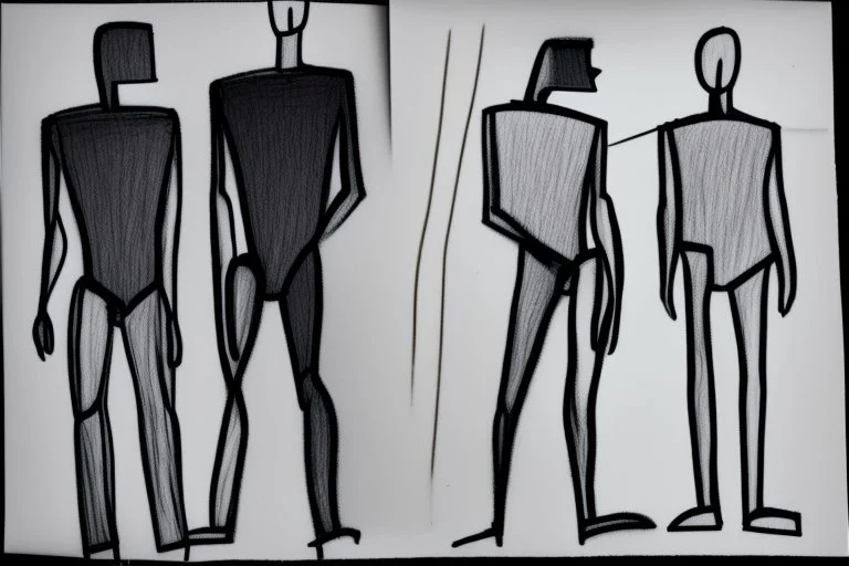 monochrome, cardboard figure on the left of the picture, stocky human figure with a head tilted to the left, almost no neck, no face or hair, schematic drawing, against a dark grey background with a symmetrical pattern, a lighter grey, almost monochrome, in moonlight, crayon drawing in shades of grey and black, ethereal, cinematic postprocessing