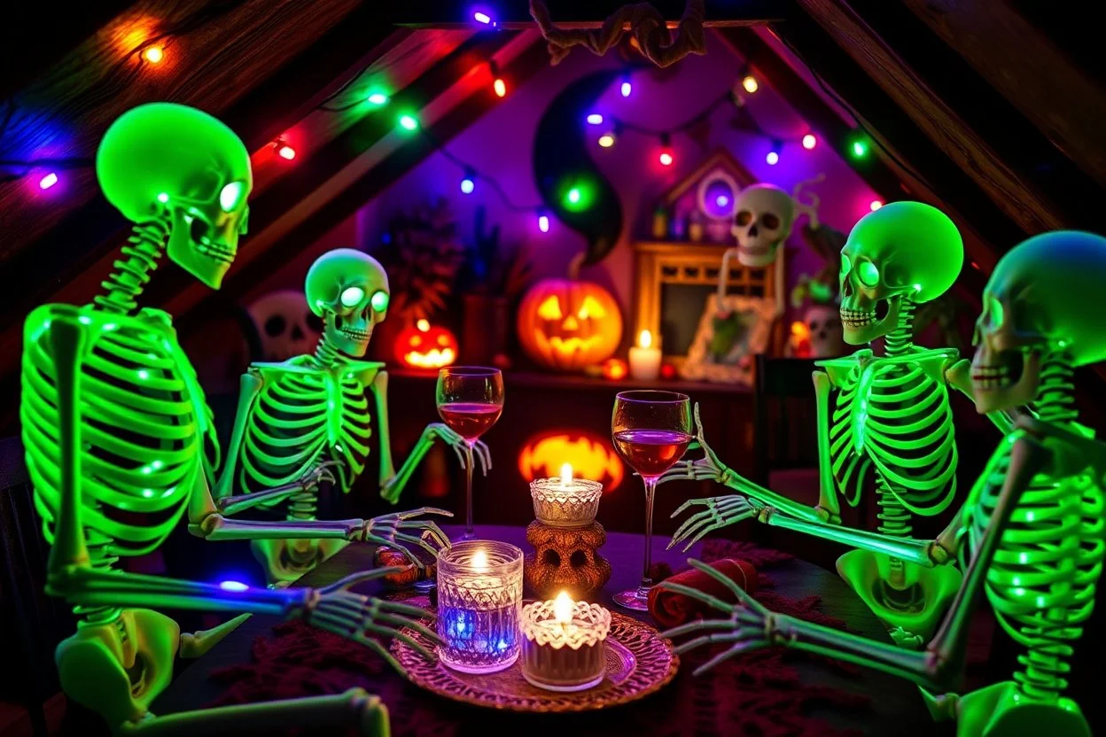 Glowing Halloween skeletons having a tea party in the haunted house attic. Colorful string lights and festive decorations create a spooky magical atmosphere