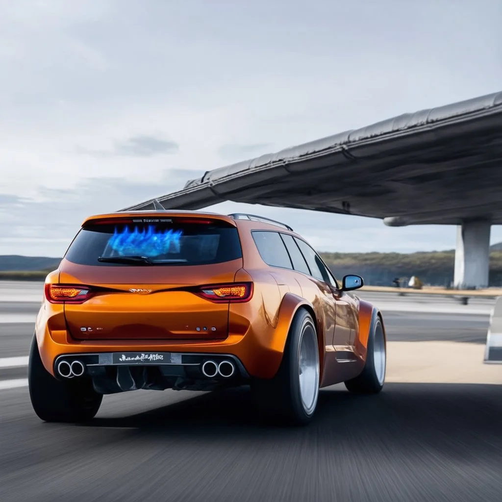 award winning car and driver photograph of a futuristic station wagon fighter-jet genetic-splice designed by only one vehicle per image painted metallic orange traveling at a high rate of speed, jet intake off of front center of vehicle and jet exhaust out the rear with bright blue flame, bilaterally symetrical, more a high speed road vehicle