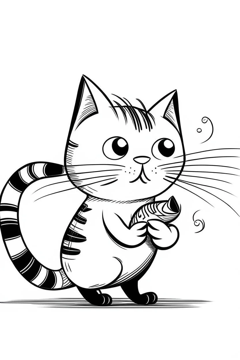 cartoon cat eating a fish. simple thin crisp lines. kids. black and white. no shading