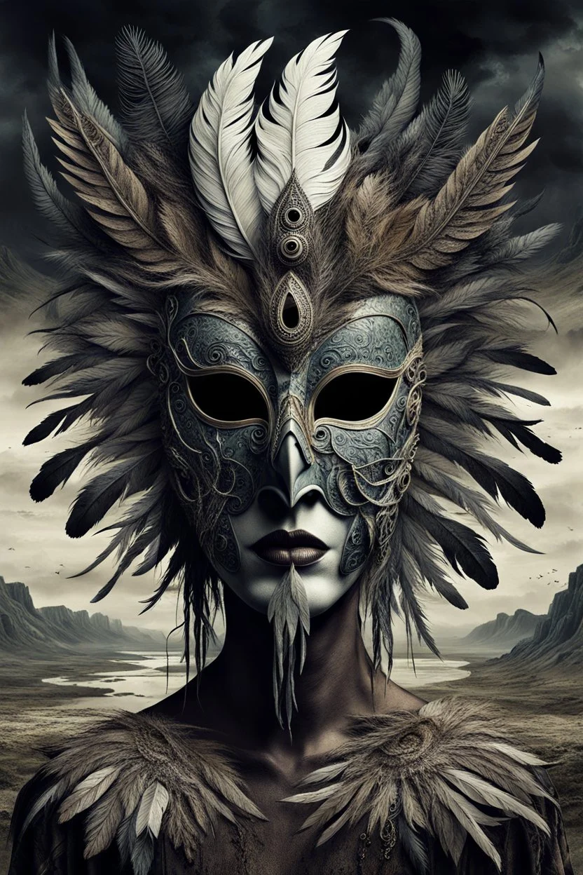 An surreal stunning image of a crepy ritualistic Feathered Mask-face mutant witd dark eyes, pale skin, on creature, with dark muted tones, a grim and weird atmosphere, textured impasto-like effect with ink, intricate details, surreal vibe, expressive focusing, muted tones, gradients, thriller and utopistic mood, in background barren landscape, ruins, dark shadows