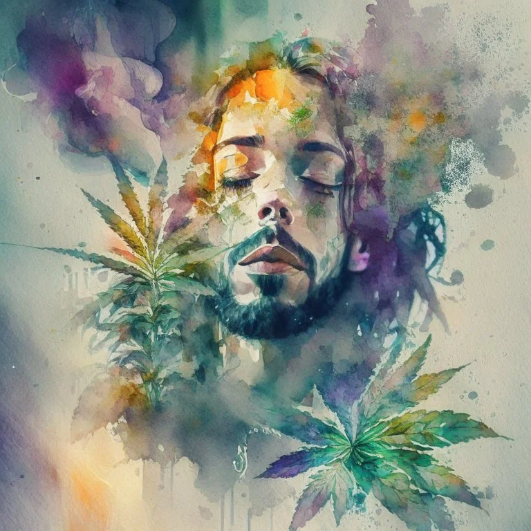 Create a composite that captures the initial allure and impact of trying hash or weed, emphasizing the emotions and sensations you felt watercolour style